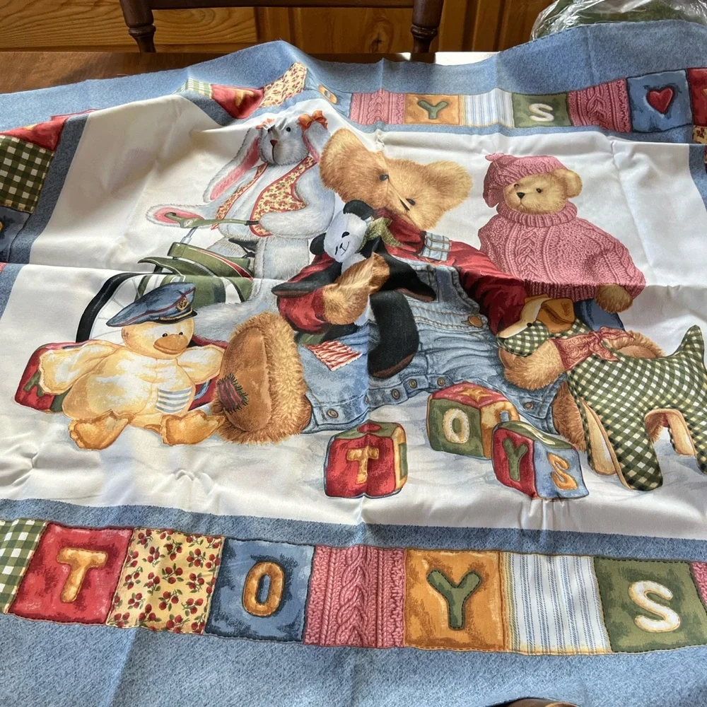 Festive Santa Patchwork Fabric Panel - Red, Blue, Green, quilt top and wreaths